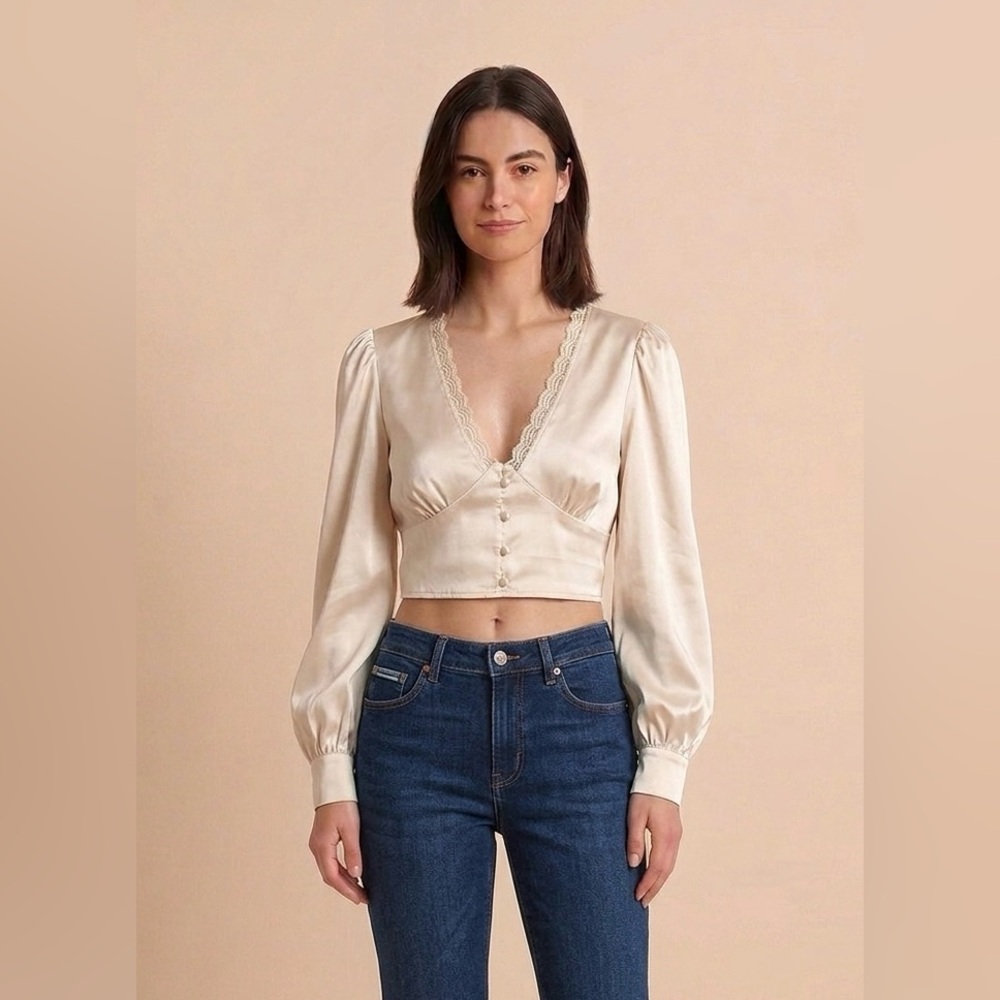 twik Ivory Satin Lace-Trim Button Front Sleep Top